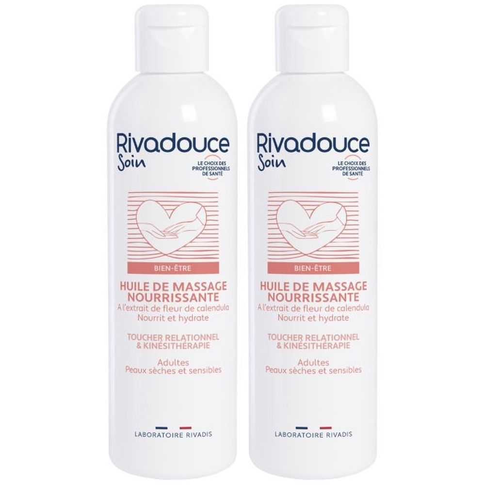 Zwei weiße Flaschen mit Etiketten. Aufschrift: Rivadouce Soin, Bien-être, Huile de massage nourrissante. Für trockene und empfindliche Haut.