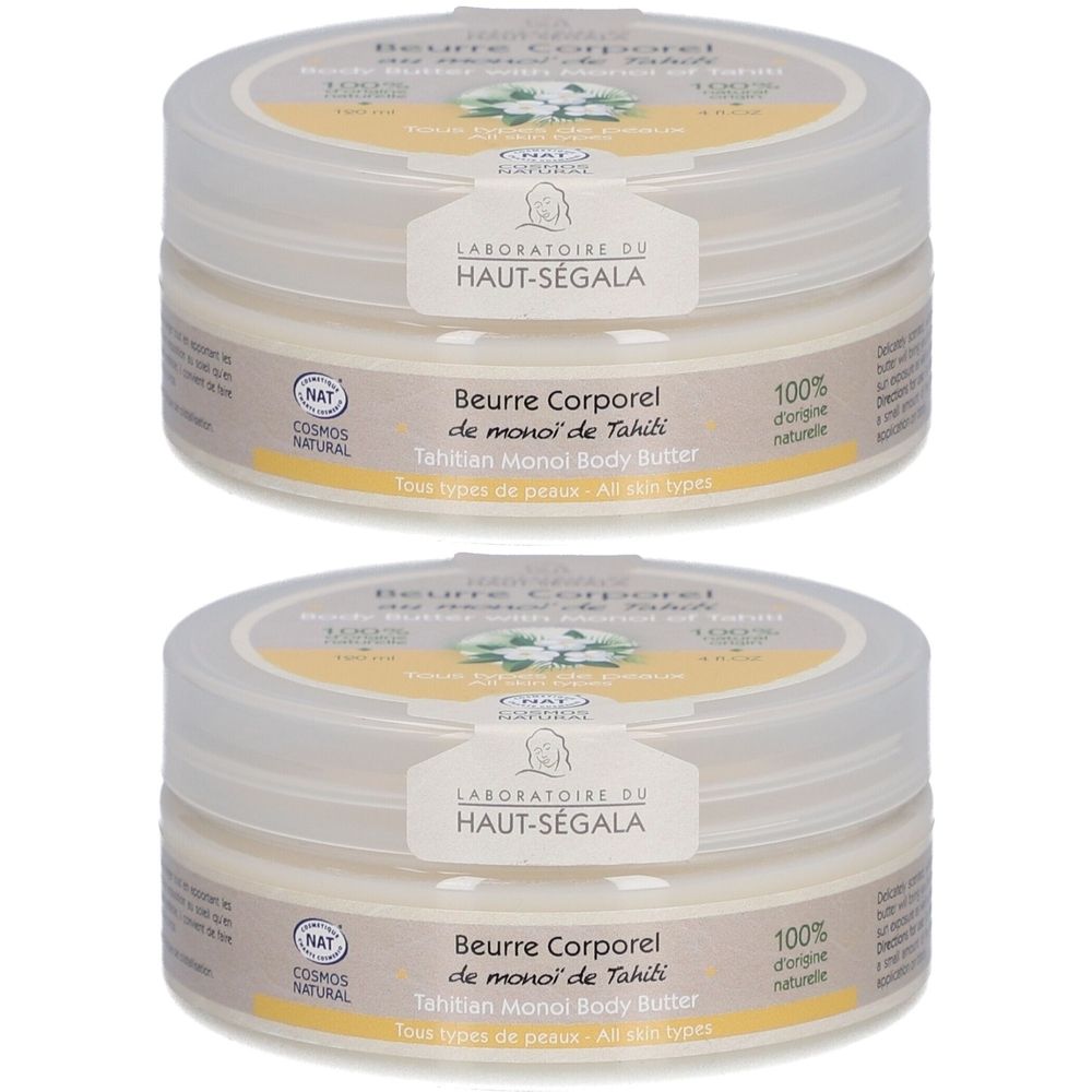Zwei Tiegel Körperbutter. Aufschrift: Laboratoire du Haut-Ségala, Beurre Corporel de monoi de Tahiti. Mit Deckel und Etikett.