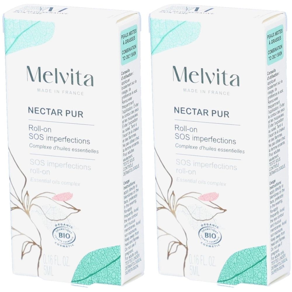 Zwei rechteckige Schachteln mit Produktaufdruck. Aufschrift: Melvita Nectar Pur Roll-on SOS Imperfections. Bio-Zertifizierung.