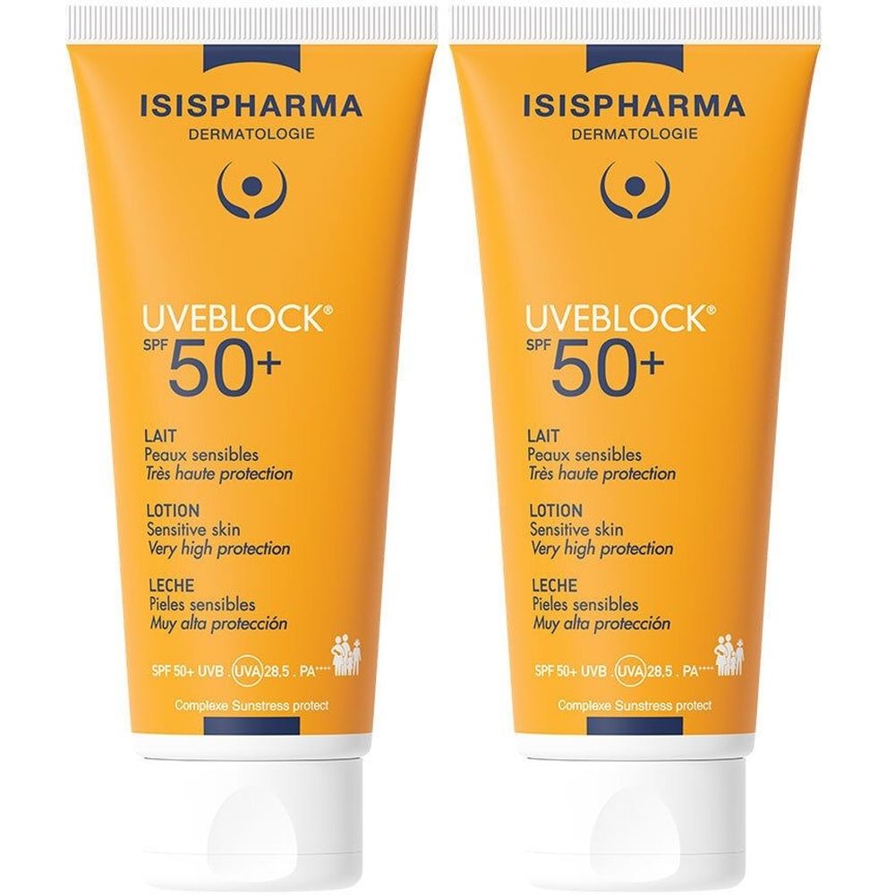 Zwei Tuben Sonnencreme. Orangefarbene Tuben mit weißem Deckel. Aufschrift: ISISPHARMA, UVEBLOCK SPF 50+, Lotion für empfindliche Haut.