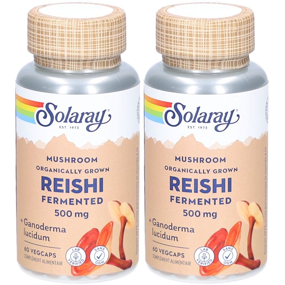 Zwei Flaschen mit dem Produktnamen Reishi. Aufschrift: Solaray, 500 mg, 60 Vegcaps. Mit Logos für Laborverifizierung und Qualität.