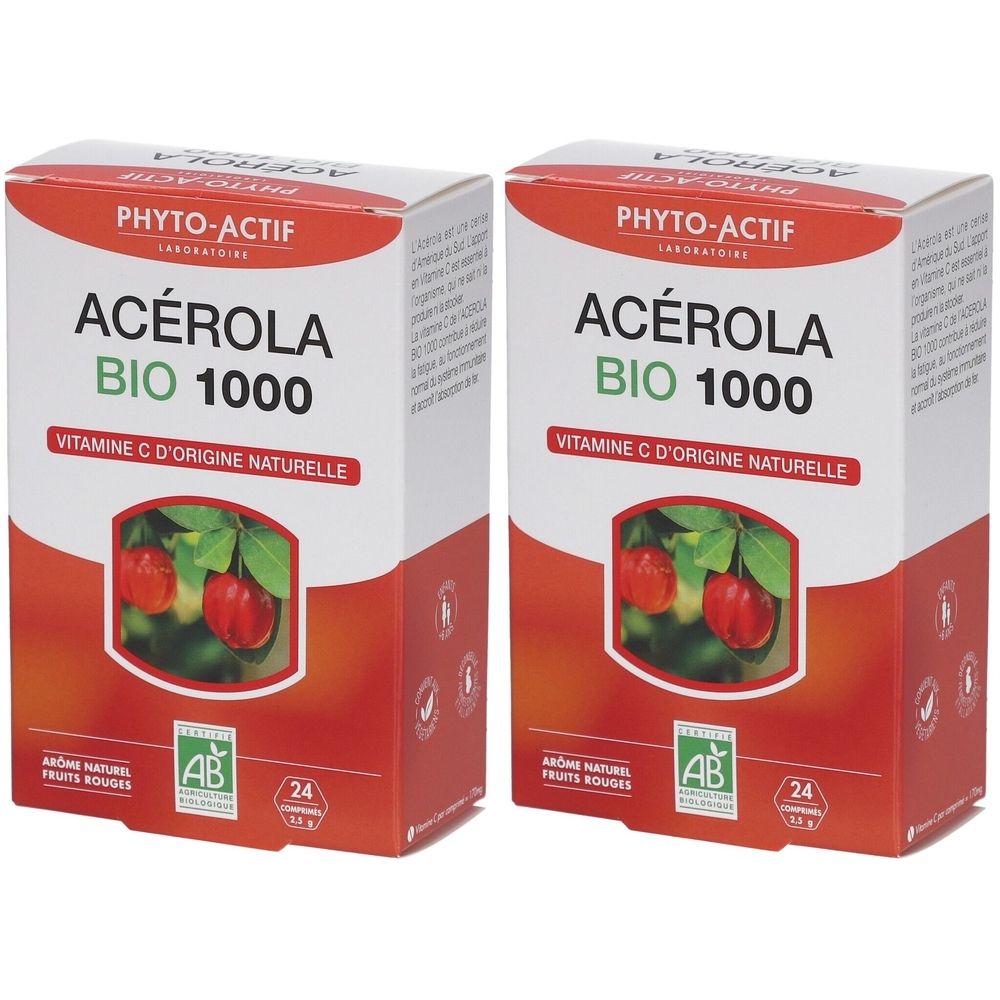 Zwei Kartons mit Aufschrift ACÉROLA BIO 1000, Vitamin C. Rote und weiße Verpackung mit Logo und Zertifizierung.