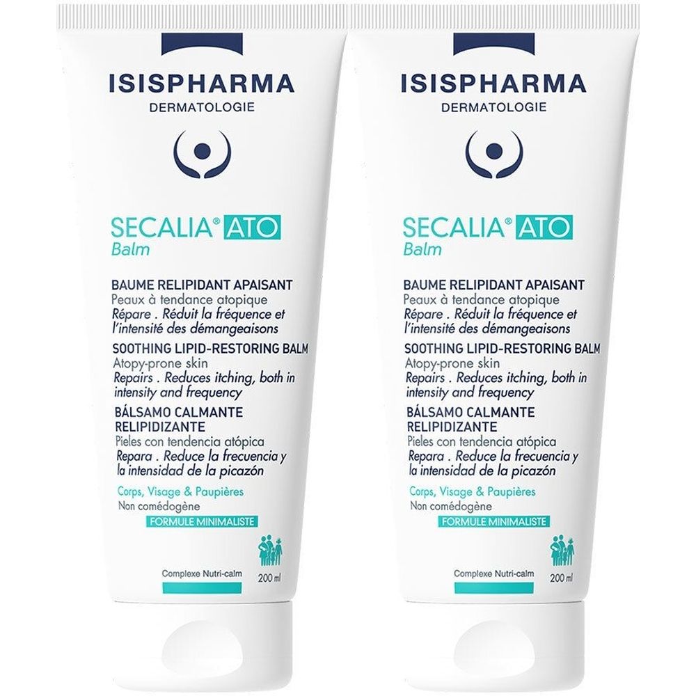 Deux tubes de Secalia Ato Balm ISISPHARMA. Tubes blancs avec texte bleu et vert. Texte: Secalia Ato Balm, baume apaisant.