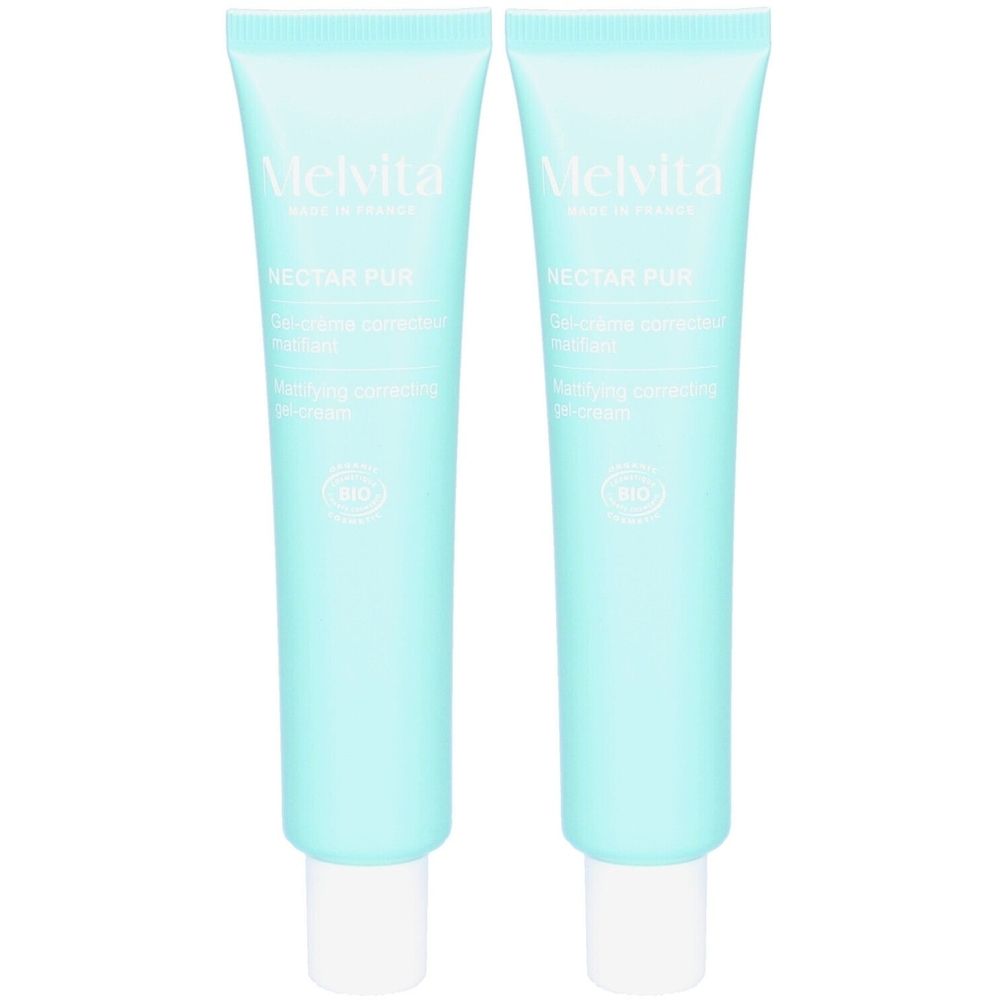 Deux tubes de gel-crème. Couleur bleu clair, bouchon blanc. Inscriptions: MELVITA, NECTAR PUR, certification BIO.