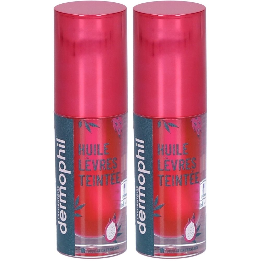 Zwei Flaschen Lippenöl mit rosa Kappe und Etikett. Aufschrift: Huile Lèvres Teintée. Marke: dermophil.