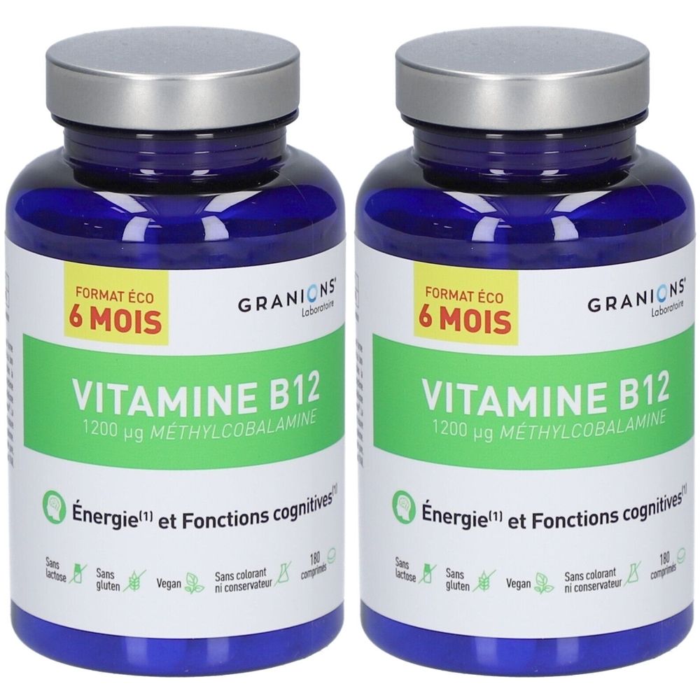 Zwei Flaschen mit blauen Behältern und silbernen Deckeln. Aufschrift: VITAMINE B12, 1200 µg. Marke: GRANIONS. Grün-weiße Etiketten.