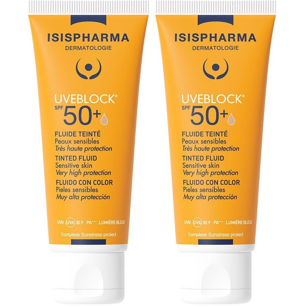 Zwei Tuben ISISPHARMA Uveblock SPF 50+ Sonnencreme. Orangefarbene Tuben mit weißem Verschluss. Text: Uveblock SPF 50+.