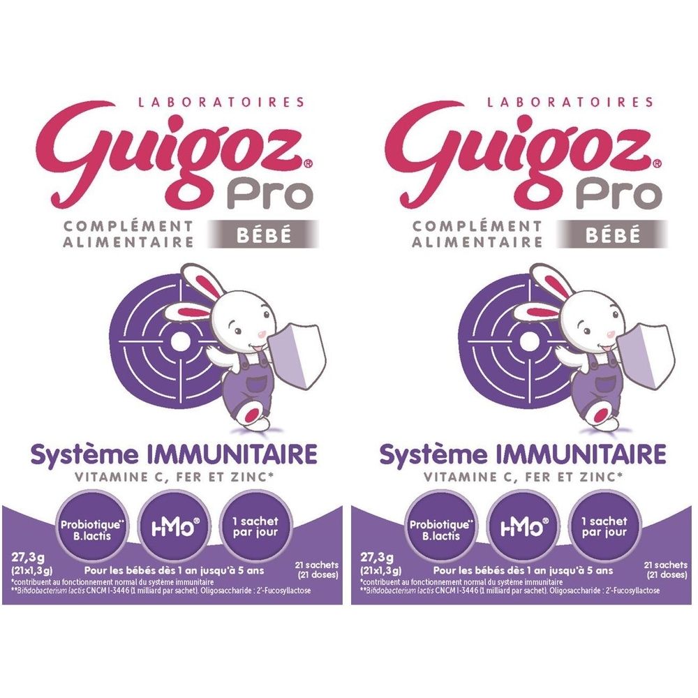 Zwei Beutel mit dem Logo von Guigoz Pro. Aufdruck: Système Immunitaire, Vitamin C, Eisen und Zink. Mit einem Hasen-Cartoon.
