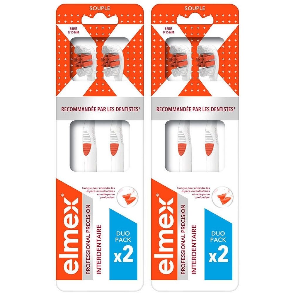 Zwei Duo-Packungen Elmex Professional Precision Interdentaire. Weiße Griffe, orangefarbene Bürstenköpfe. Verpackung mit Produktnamen und Empfehlung.