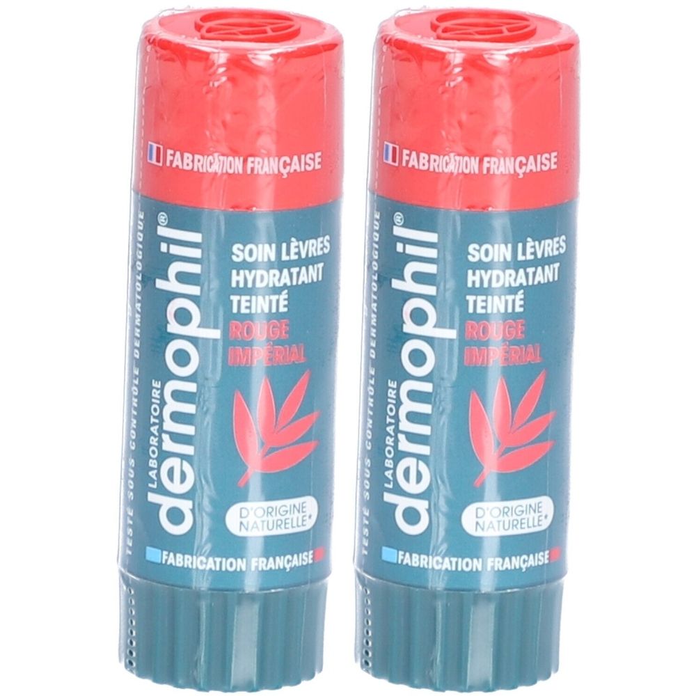 Deux sticks à lèvres rouges. Inscription: SOIN LÈVRES HYDRATANT TEINTÉ ROUGE IMPÉRIAL. Marque: dermophil.
