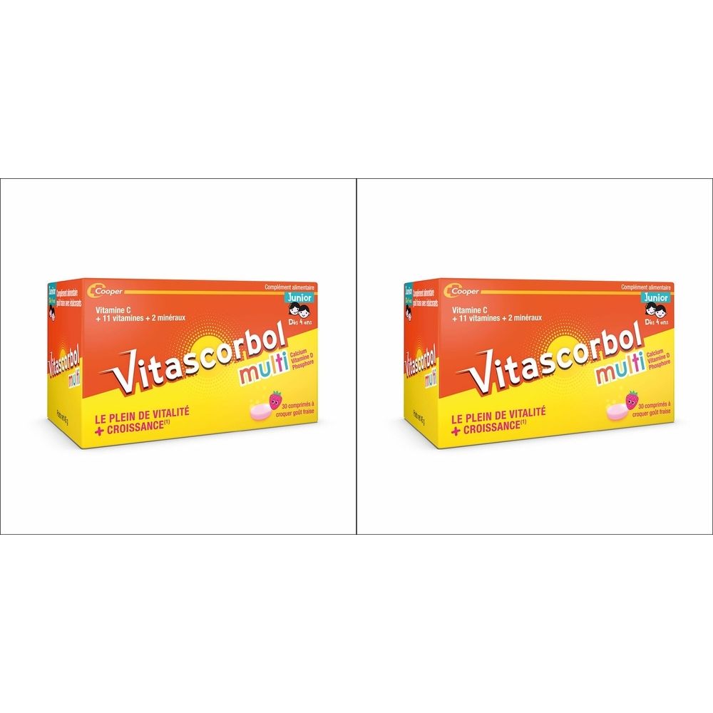 Verpackung von Vitascorbol multi Junior. Orangefarbener Karton mit Produktnamen und Logo. Enthält 30 Tabletten.
