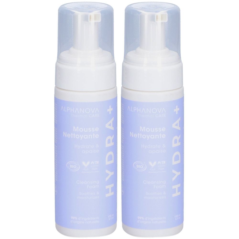 Deux flacons blancs avec étiquette bleue. Inscription: ALPHANOVA, Mousse Nettoyante, Hydra+. Tête de pompe transparente.