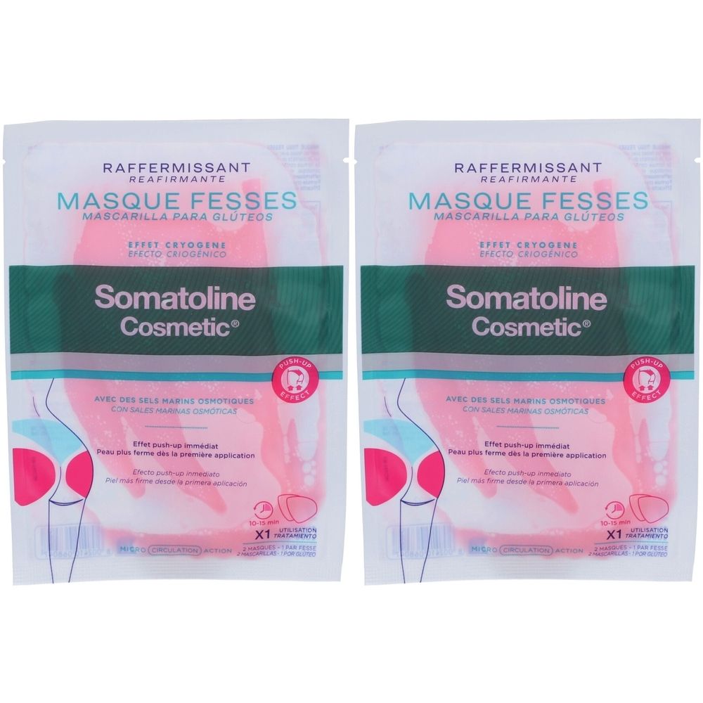Zwei Beutel mit Produkt. Aufschrift: Somatoline Cosmetic, Masque Fesses. Rosa Produkt, grüne und weiße Verpackung.