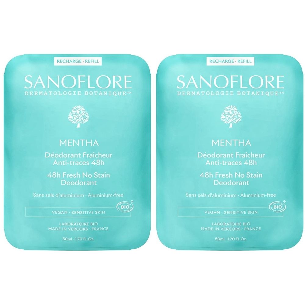 Zwei rechteckige Nachfüllpackungen. Aufschrift: SANOFLORE, MENTHA, Deodorant, 48h. Bio-Zertifizierung. Türkise Farbe.