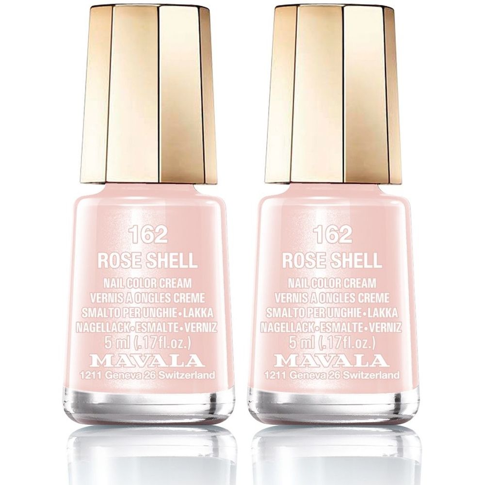 Deux flacons de vernis à ongles rose. Bouchon doré. Inscription: 162 ROSE SHELL, MAVALA. 5 ml.
