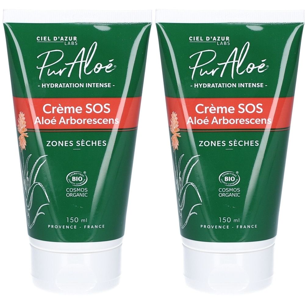 Zwei grüne Tuben mit rotem Streifen. Aufschrift: PurAloé Crème SOS, Aloé Arborescens, ZONES SÈCHES. Bio-Zertifizierung.