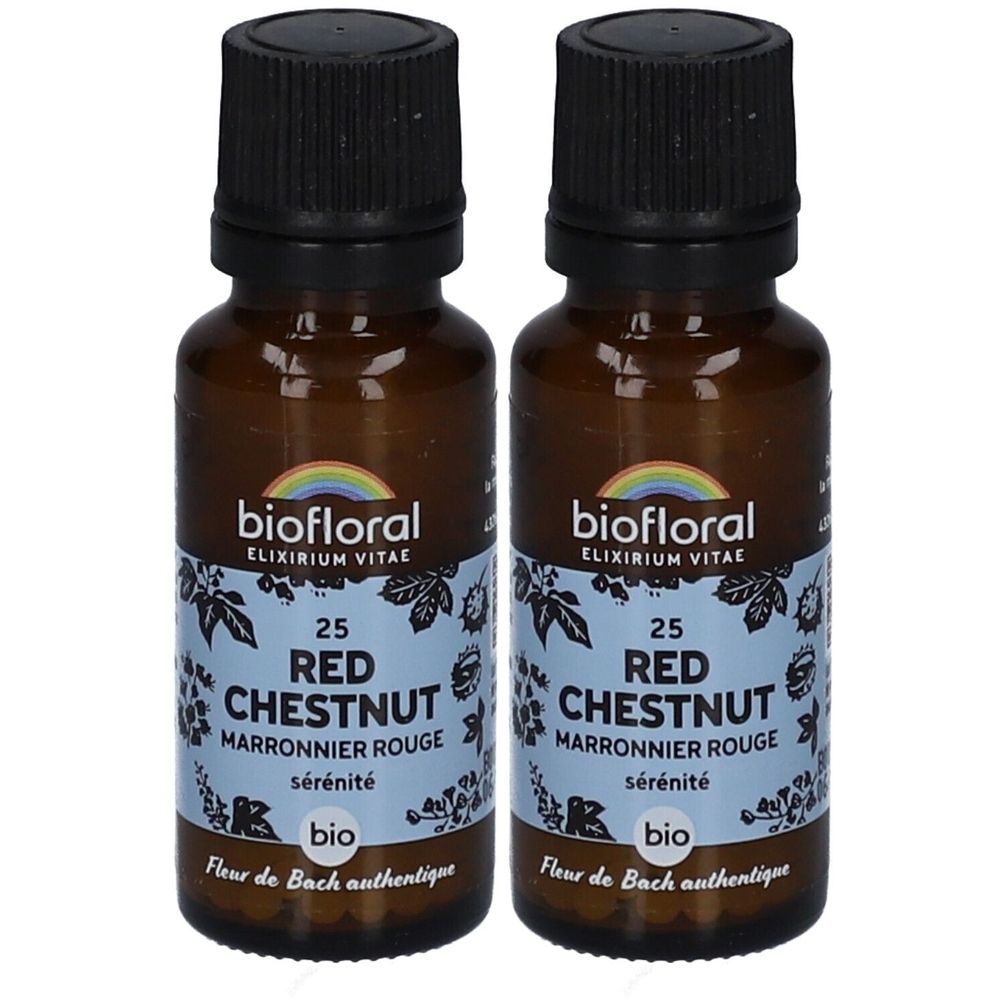 Zwei braune Glasflaschen mit schwarzen Deckeln. Auf den Etiketten steht "RED CHESTNUT" und "biofloral".