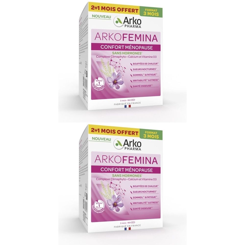 Deux boîtes ARKOFEMINA. Inscription : Confort Ménopause, sans hormones. Logo Arko Pharma. Emballage promotionnel.