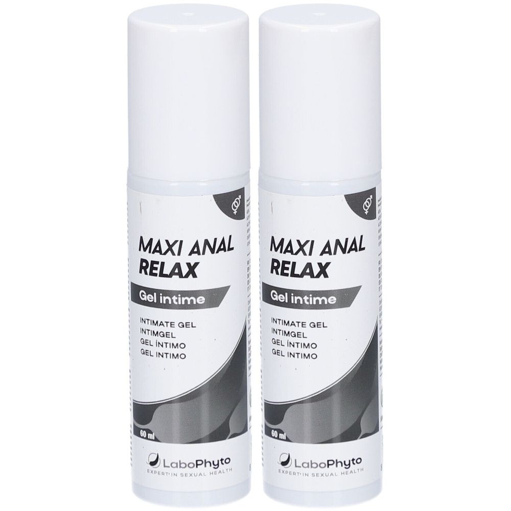 Zwei weiße Flaschen mit Aufschrift MAXI ANAL RELAX Gel intime. Darunter steht Intimate Gel in mehreren Sprachen. Logo LaboPhyto.