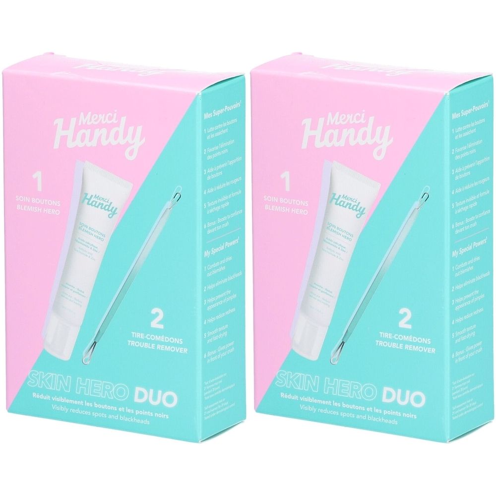 Zwei Verpackungen des Produkts Skin Hero Duo. Jede Packung enthält eine Tube und ein Werkzeug. Aufdruck: Merci Handy.
