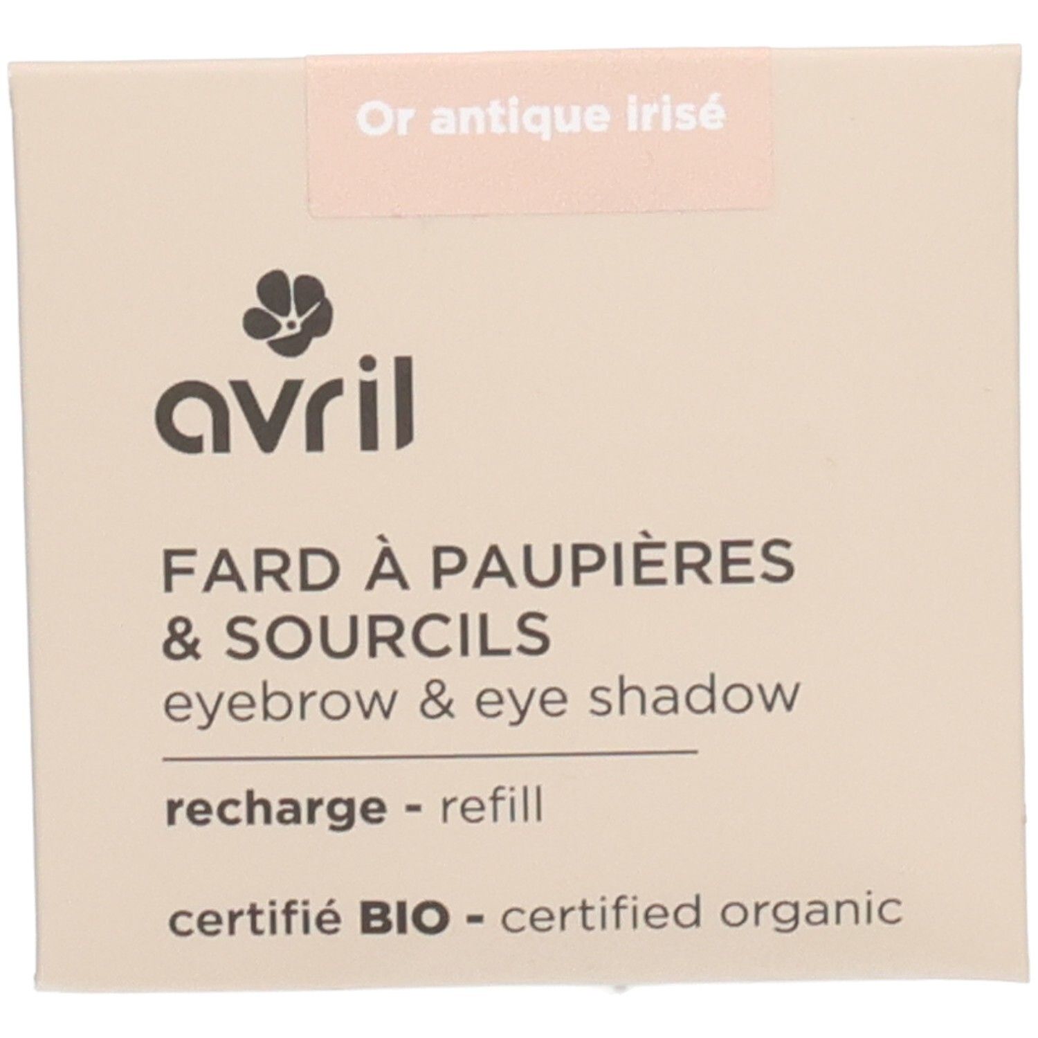 Quadratische, beige Nachfüllpackung. Oben: "Or antique irisé". Darunter: "avril"-Logo. Text: "Fard à paupières & sourcils".