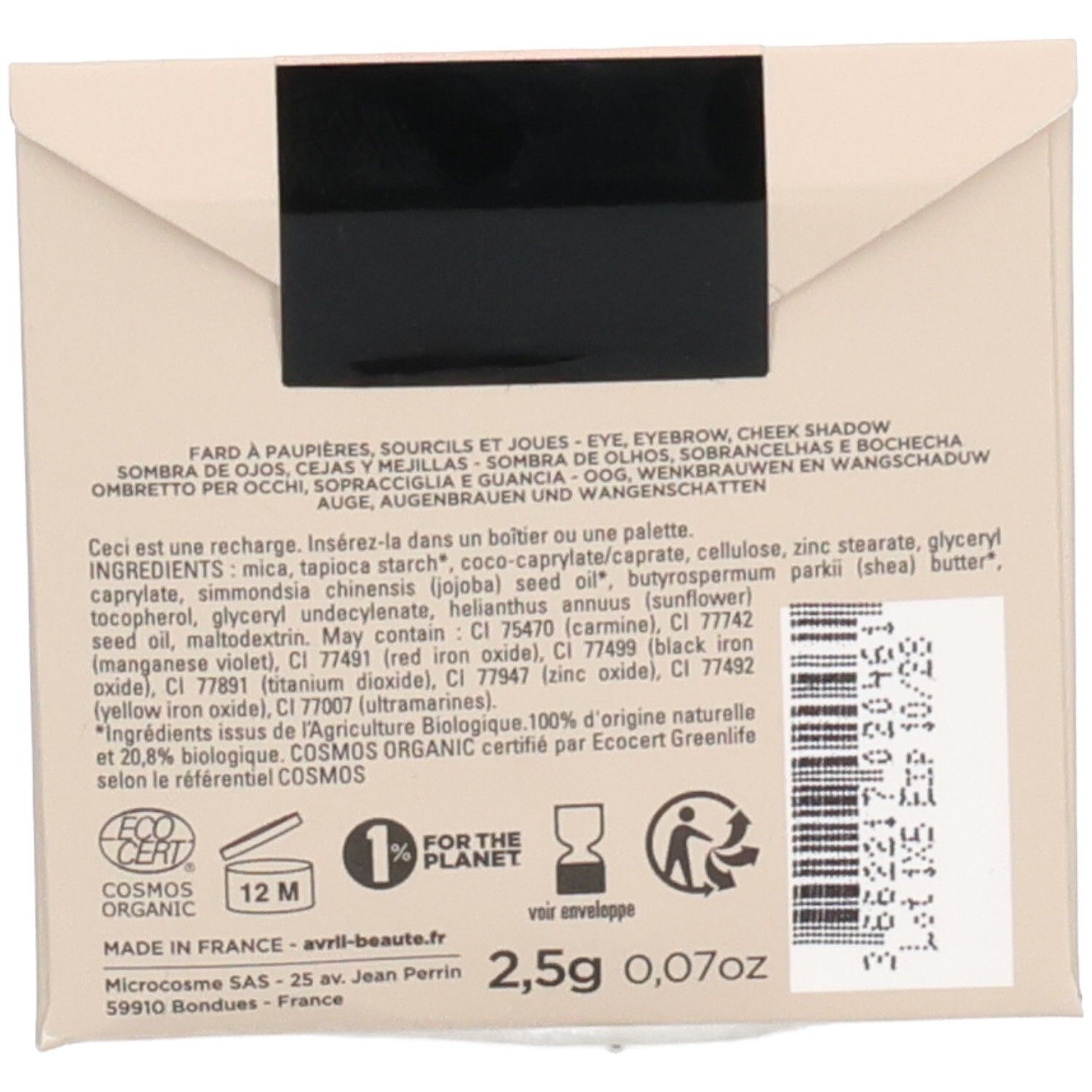 Rückseite der Nachfüllpackung. Text: Inhaltsstoffe, "COSMOS ORGANIC"-Zertifizierung, 2,5g, 0,07oz. Recycling-Symbol.