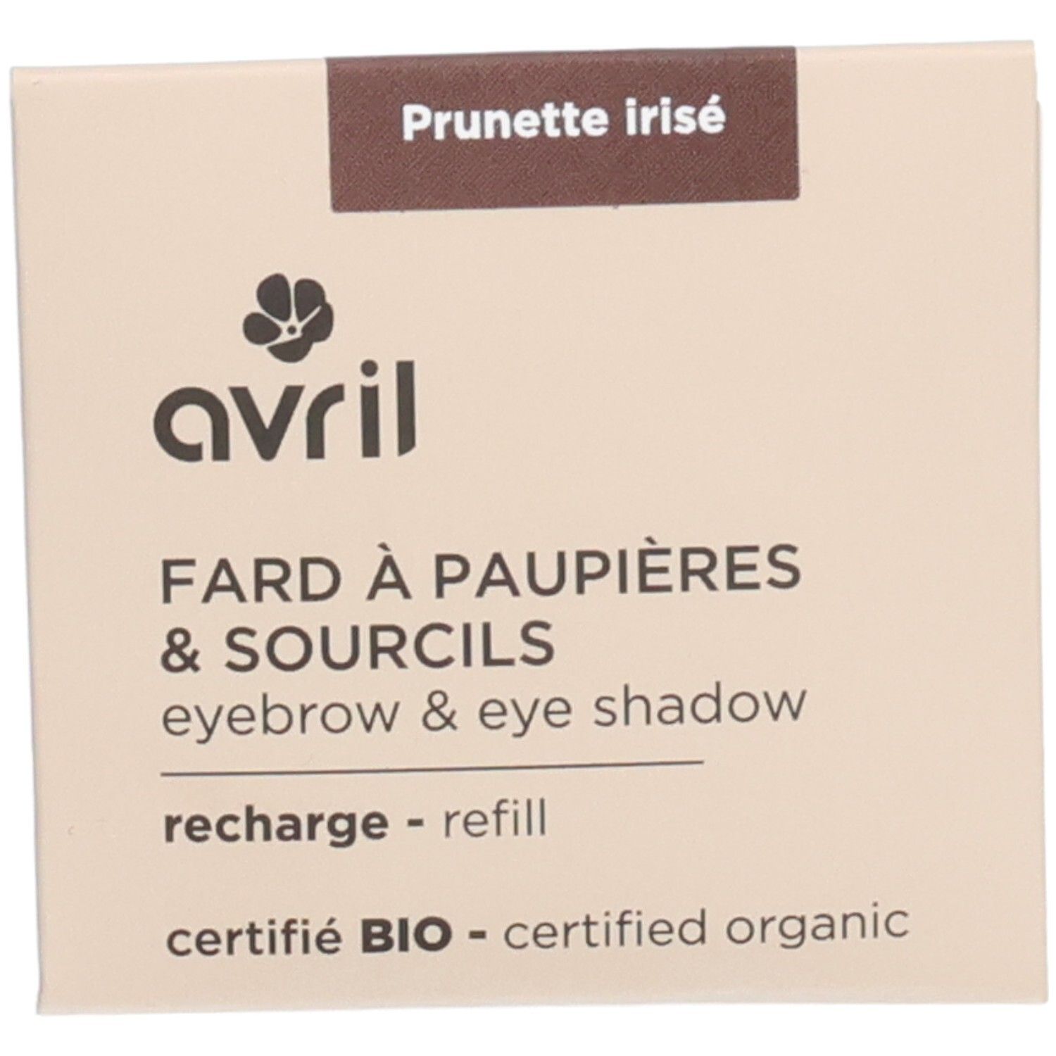 Quadratische Nachfüllung für Augenbrauen & Lidschatten. Mit Text: "Prunette irisé" und "avril". Zertifiziert BIO.