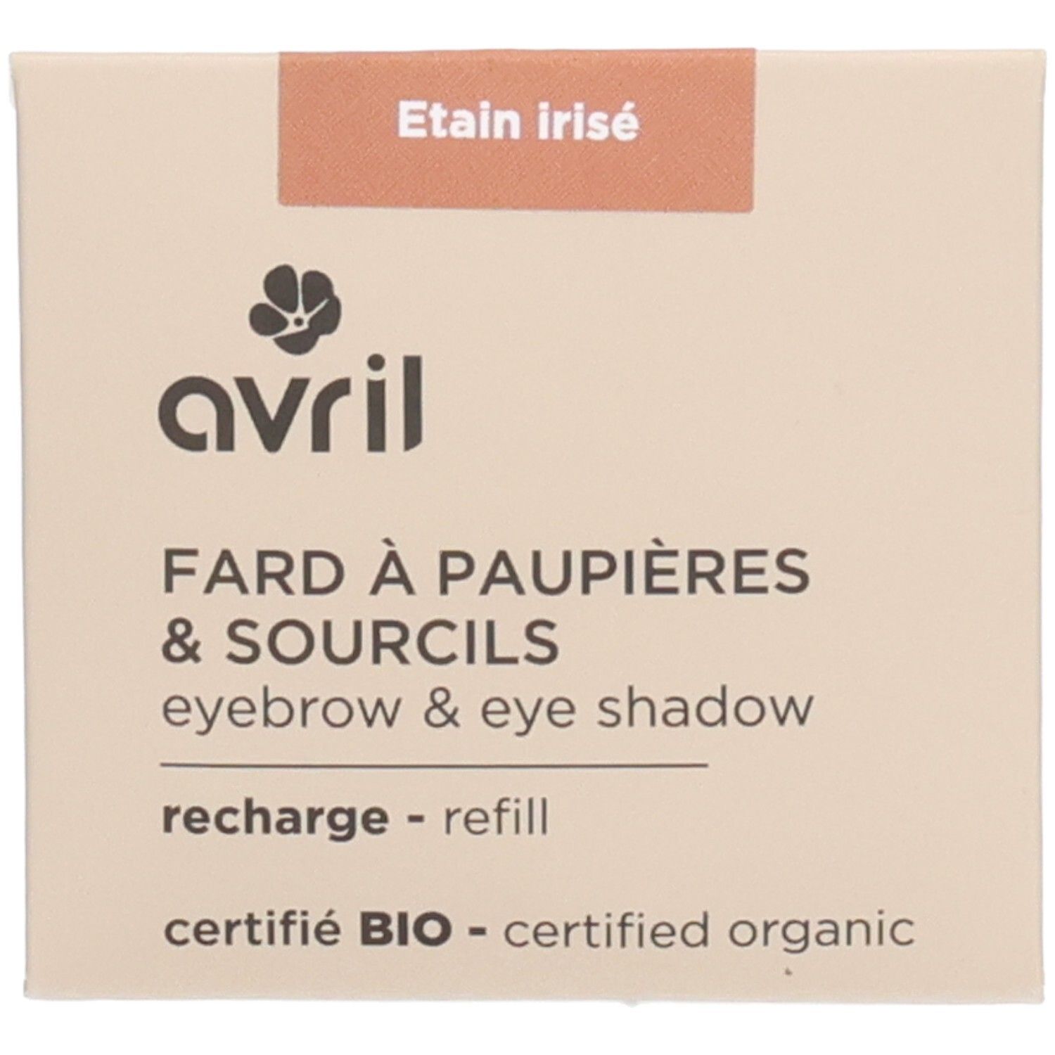 Quadratische Nachfüllung für Augenbrauen- und Lidschatten. Etain irisé-Etikett. Marke: Avril. Zertifiziertes Bio-Produkt.