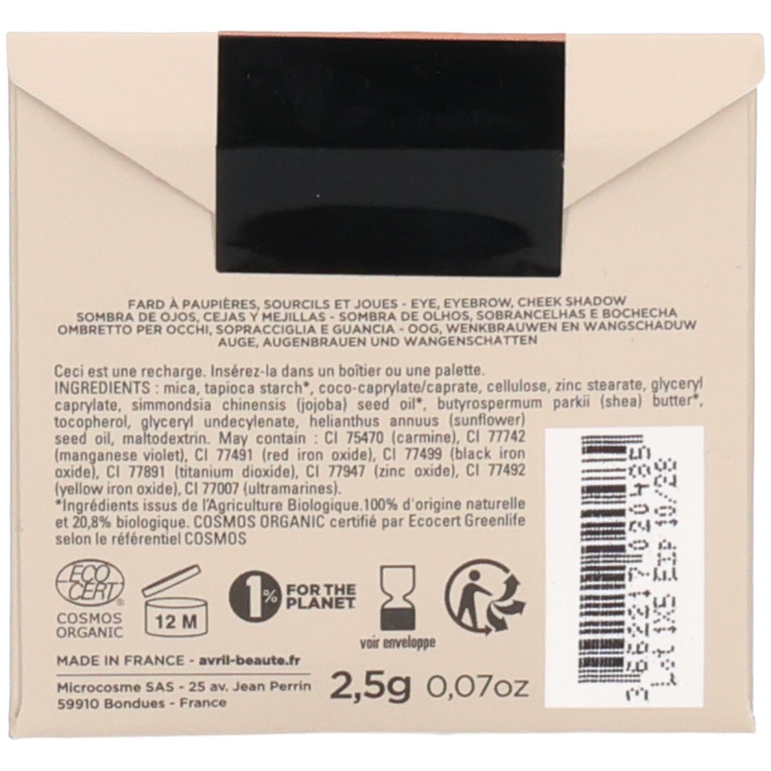Rückseite der Nachfüllung. Text mit Inhaltsstoffen, ECOCERT-Logo, 12M-Symbol, Recycling-Symbol, 2,5g-Gewichtsangabe.