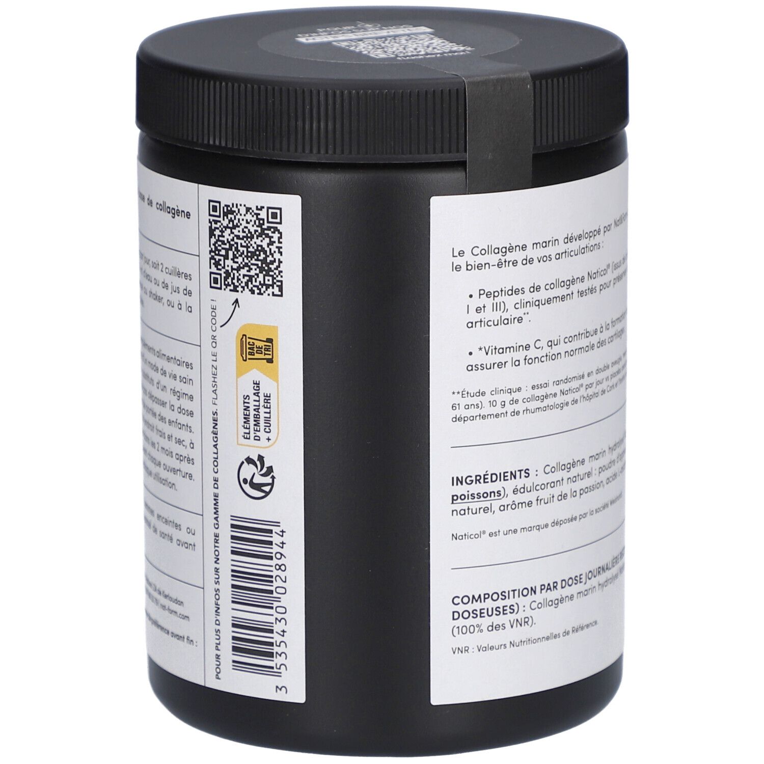 Seitenansicht der schwarzen Dose. QR-Code und Textinformationen. Enthält COLLAGÈNE MARIN.