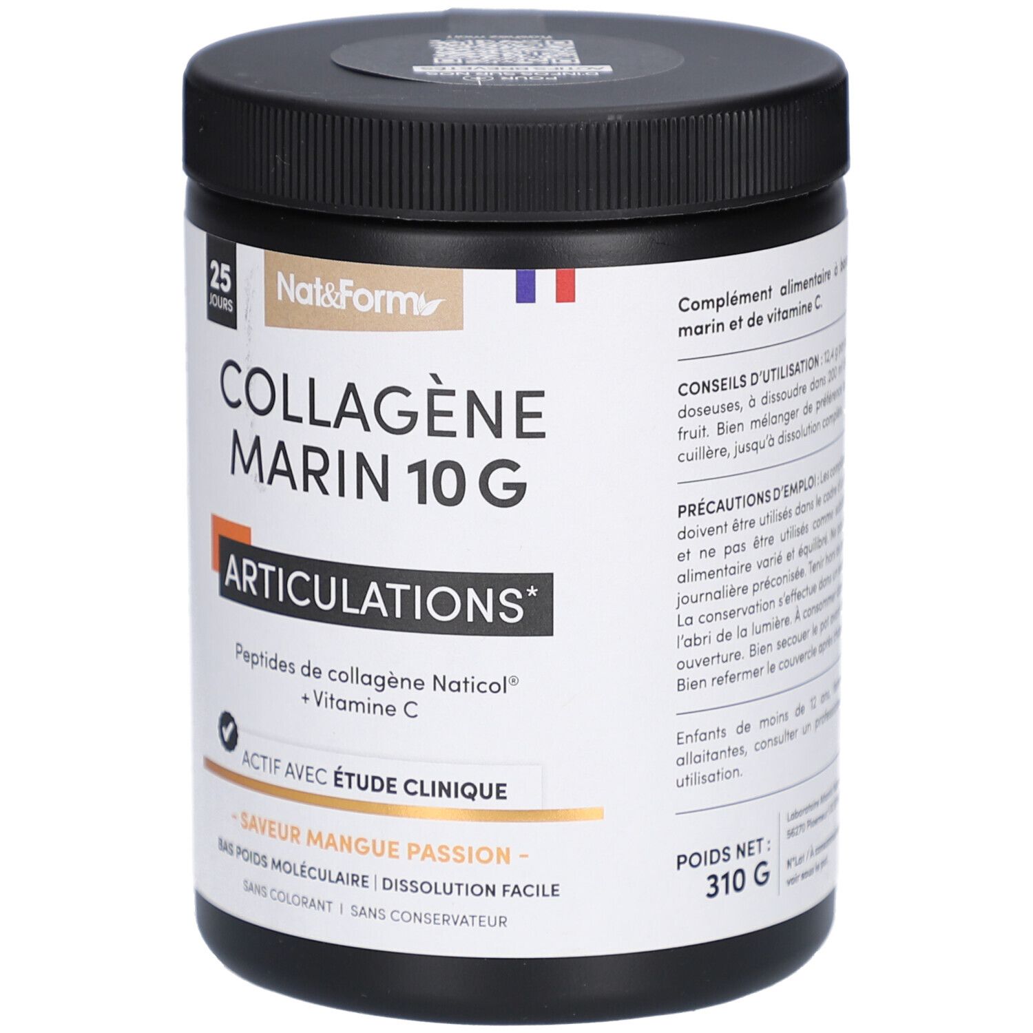 Schwarze Dose mit COLLAGÈNE MARIN 10 G ARTICULATIONS. Enthält Peptiden, Vitamin C und Mangogeschmack. Marke Nat&Form.