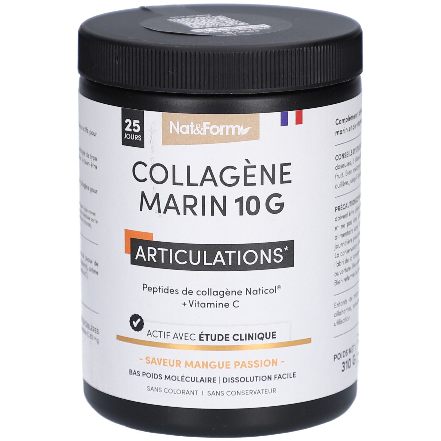 Schwarze Dose mit COLLAGÈNE MARIN 10 G ARTICULATIONS. Enthält Peptiden, Vitamin C und Mangogeschmack. Marke Nat&Form.