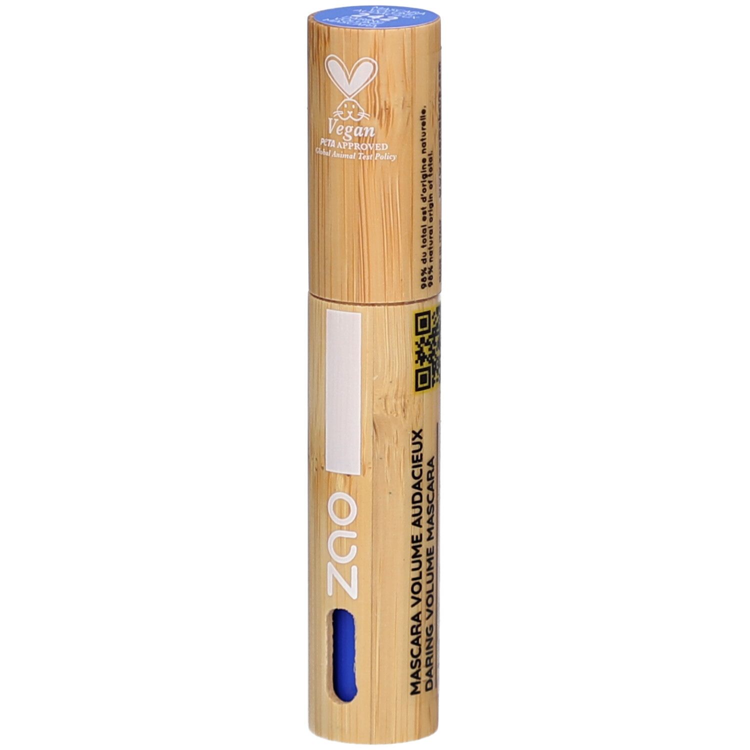 Tube de mascara cylindrique en bambou, bouchon bleu, détail bleu. Texte: Mascara Volume Audacieux.