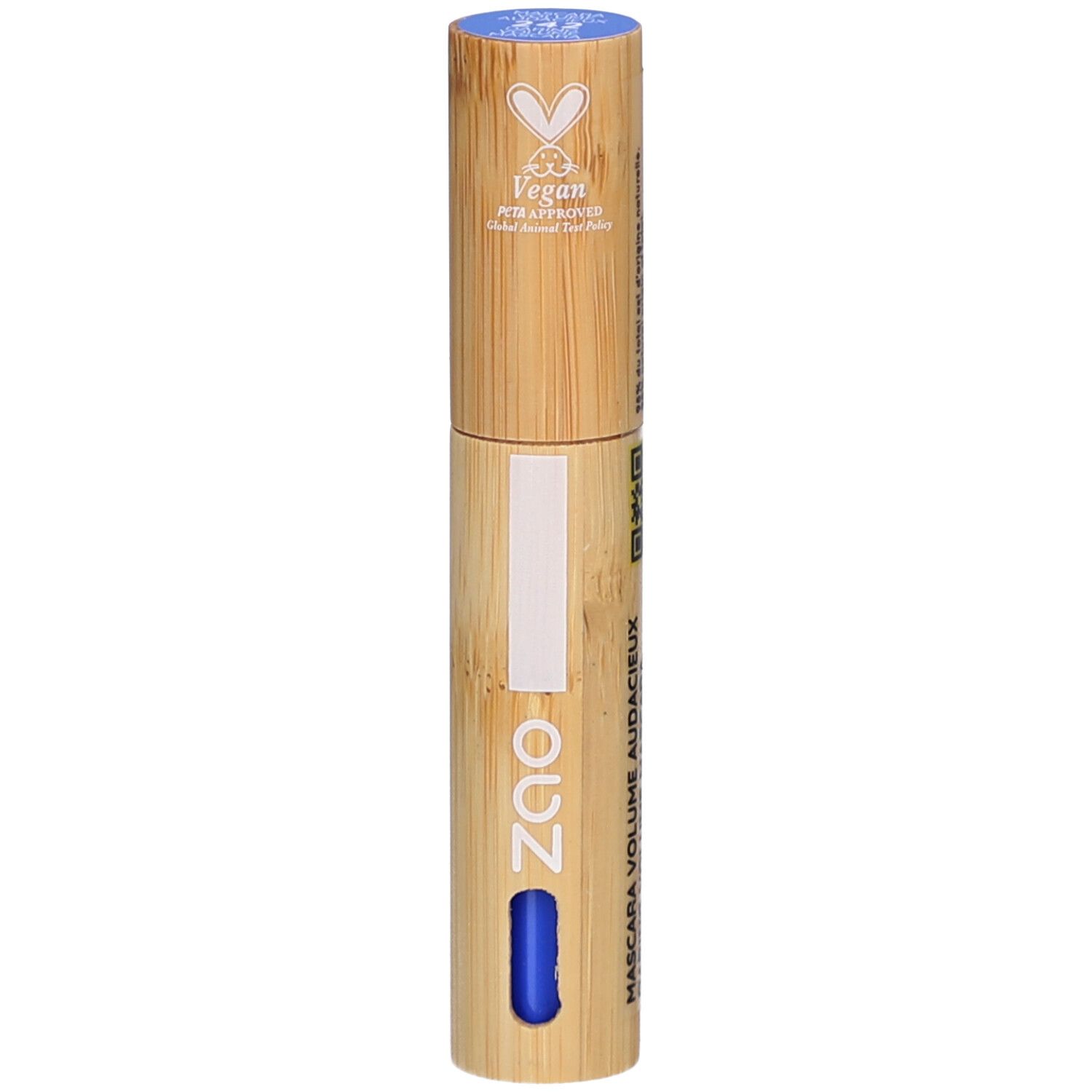 Tube de mascara cylindrique en bambou, bouchon bleu, détail bleu. Texte: Mascara Volume Audacieux.