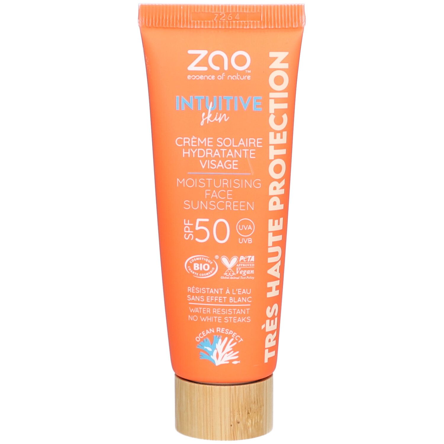 Tube orange. Texte: ZAO, Crème solaire hydratante Visage SPF 50. Certifications Bio et Vegan. Bouchon en bois.