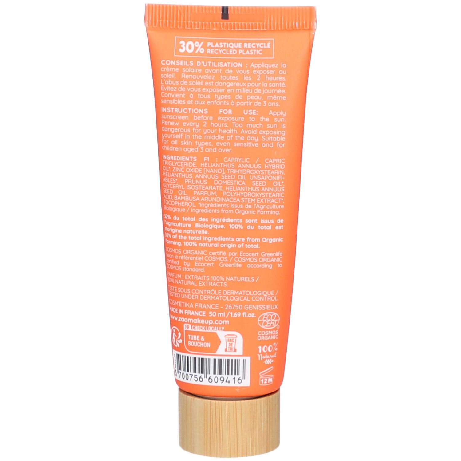 Dos du tube. Texte: conseils d'utilisation, ingrédients. 30% plastique recyclé. Certification Bio.