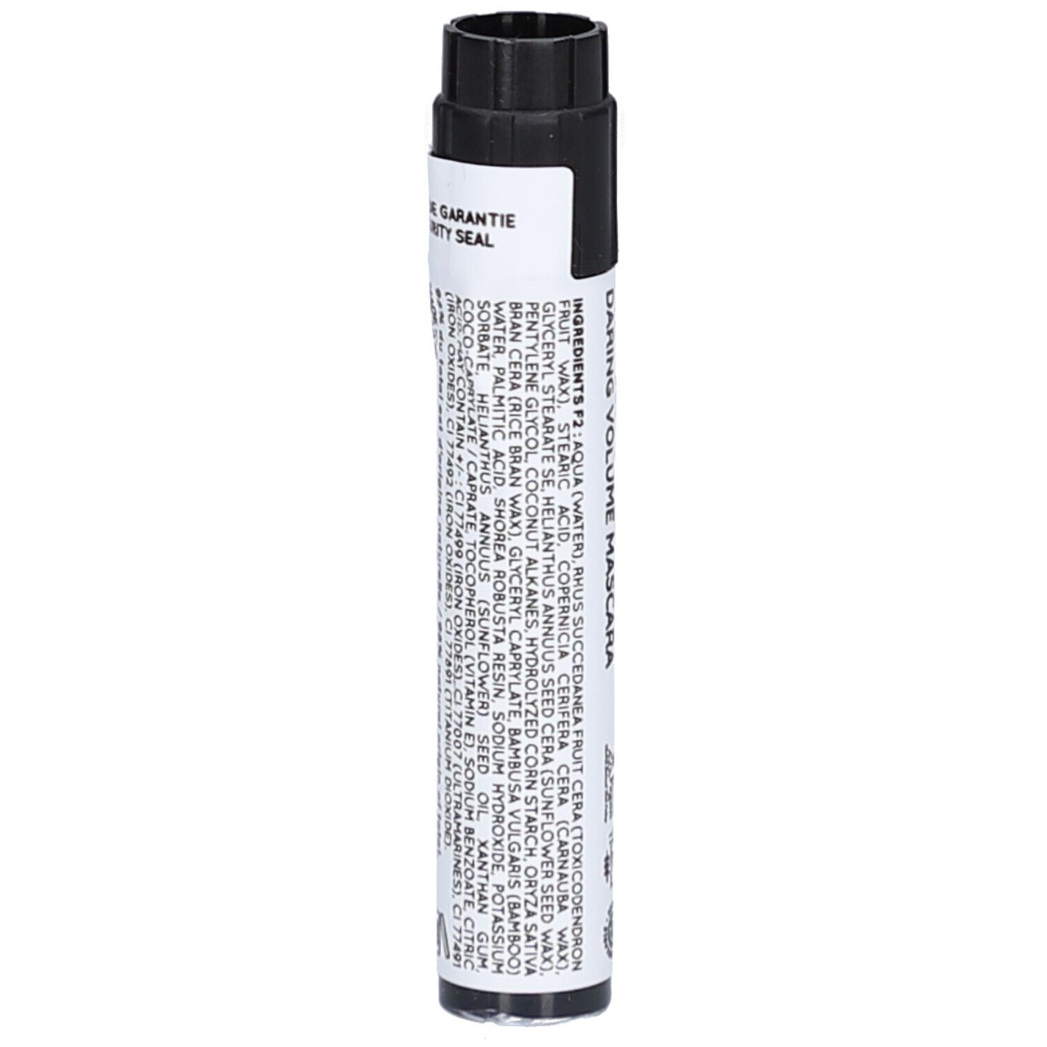 Tube de mascara cylindrique avec bouchon noir. Inscription: DARING VOLUME MASCARA. Ingrédients. Sceau de garantie.