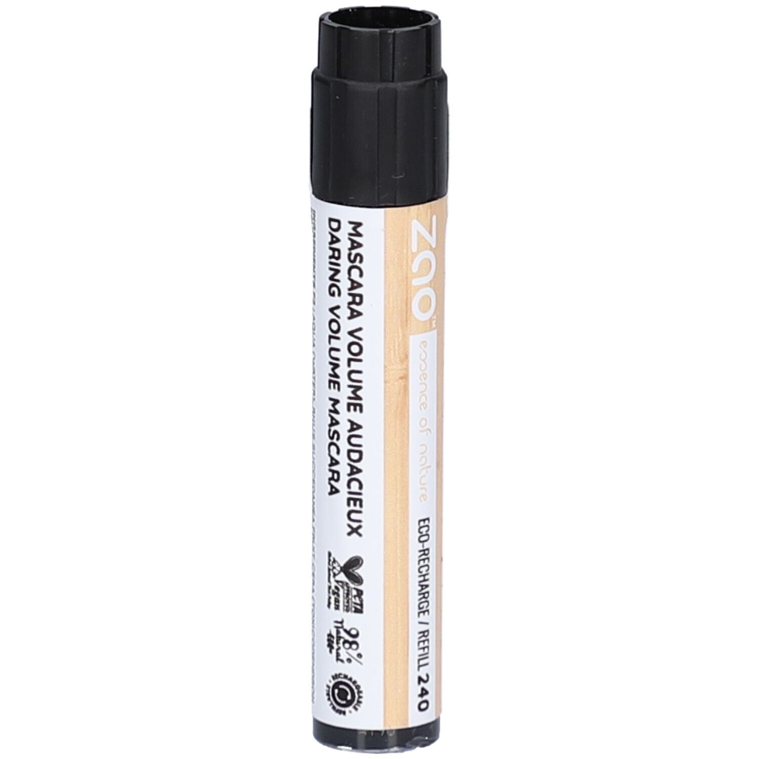 Tube de mascara cylindrique avec bouchon noir. Inscription: MASCARA VOLUME AUDAXIEUX DARING VOLUME MASCARA. Logo ZAO.
