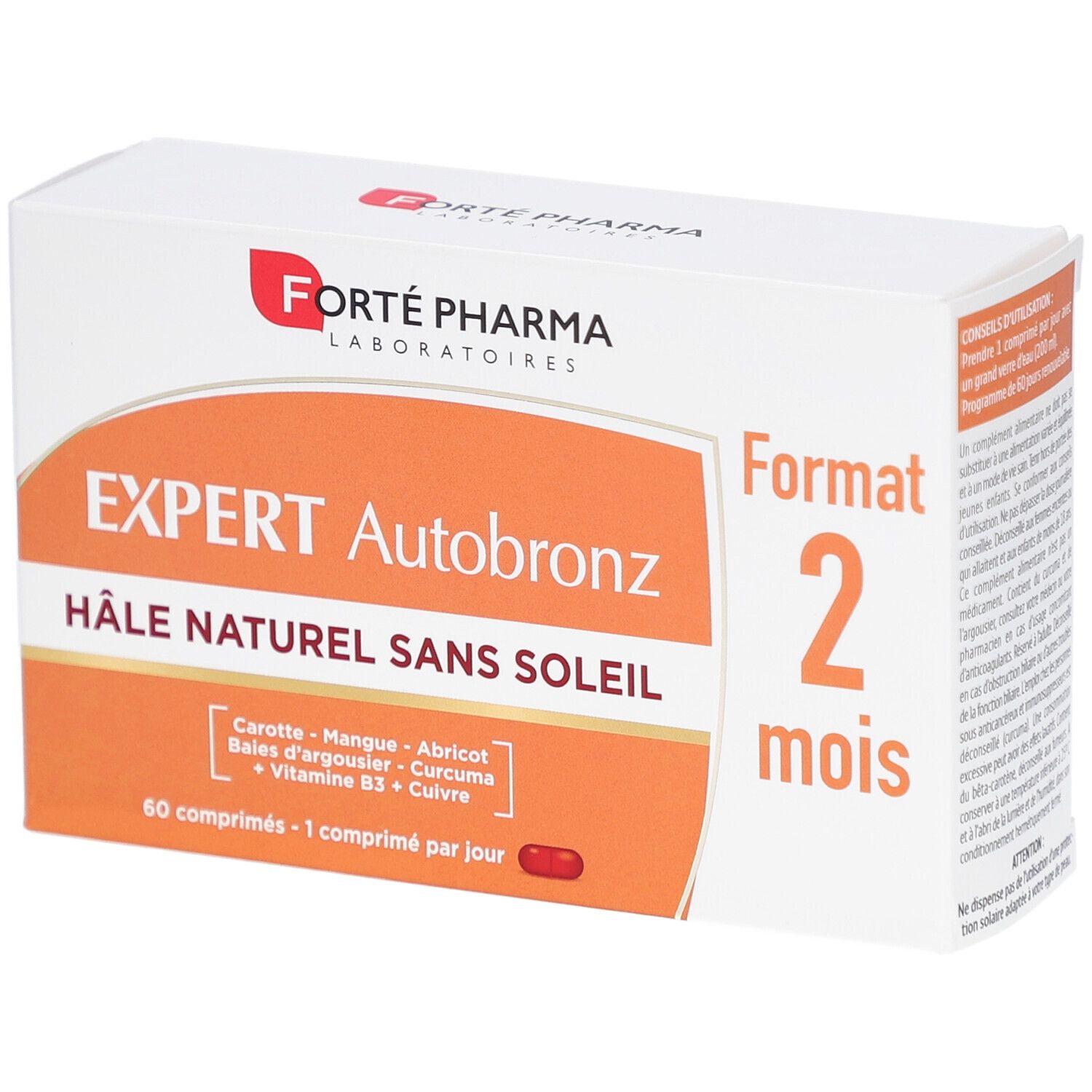 Weiße Schachtel mit orangefarbener Fläche. Aufschrift: EXPERT Autobronz, HÂLE NATUREL SANS SOLEIL. 60 Tabletten. Marke: Forté Pharma.