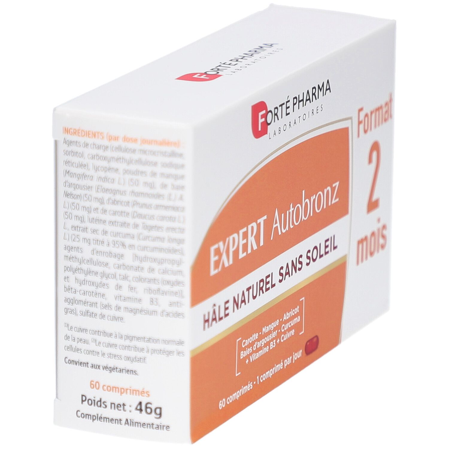 Weiße Schachtel mit orangefarbener Fläche. Aufschrift: EXPERT Autobronz, HÂLE NATUREL SANS SOLEIL. 60 Tabletten. Marke: Forté Pharma.