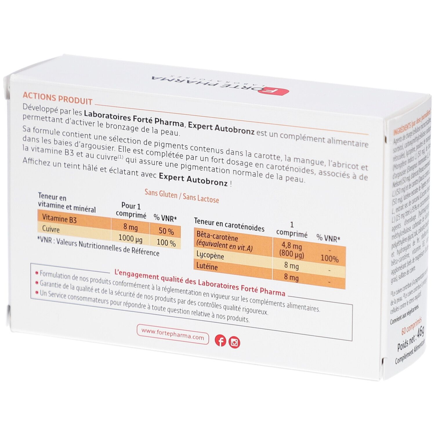 Rückseite der weißen Schachtel. Text mit Inhaltsstoffen und Nährwertangaben. Marke: Forté Pharma. Ohne Gluten/Laktose.