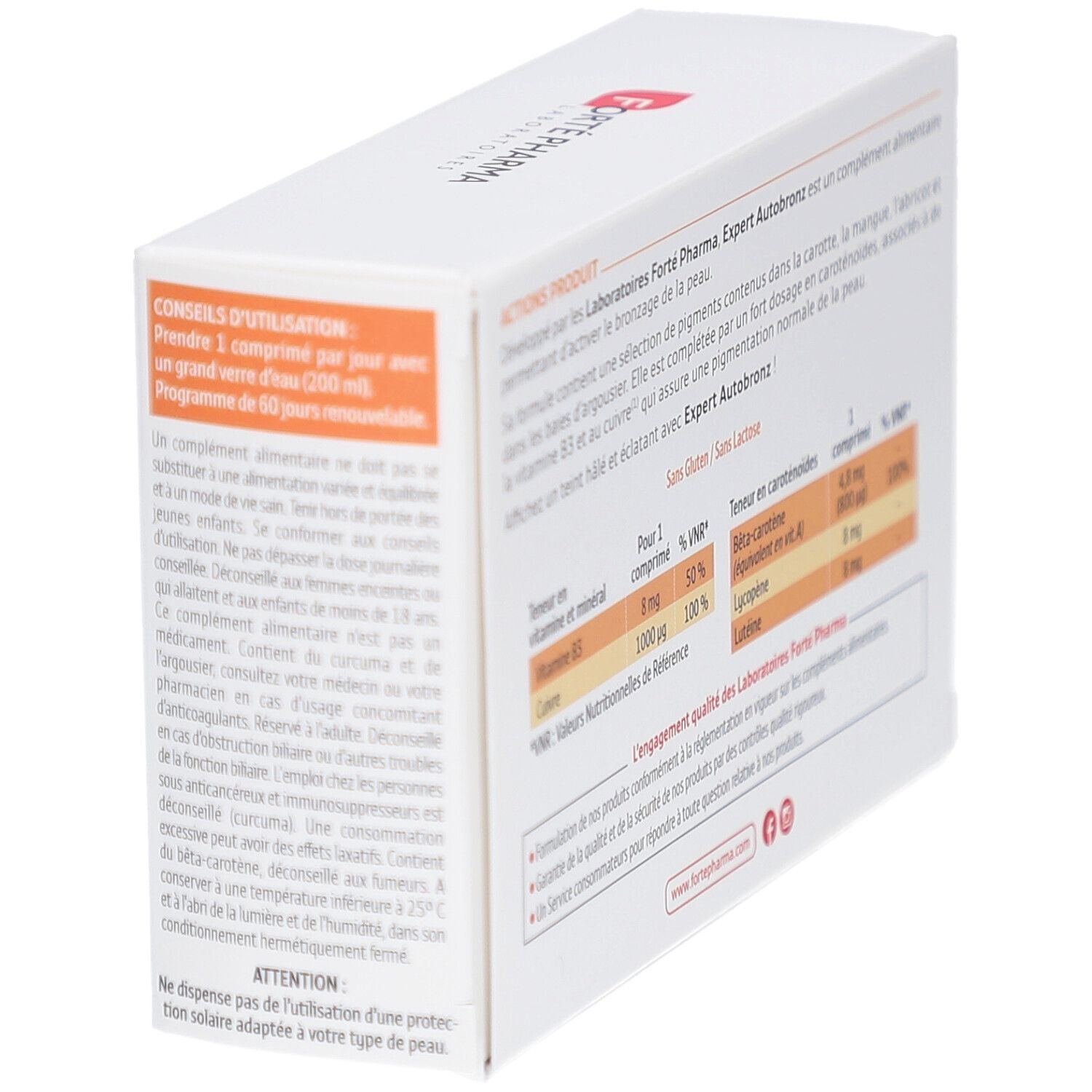 Rückseite der weißen Schachtel. Text mit Anwendungshinweisen. Marke: Forté Pharma. Ohne Gluten/Laktose.