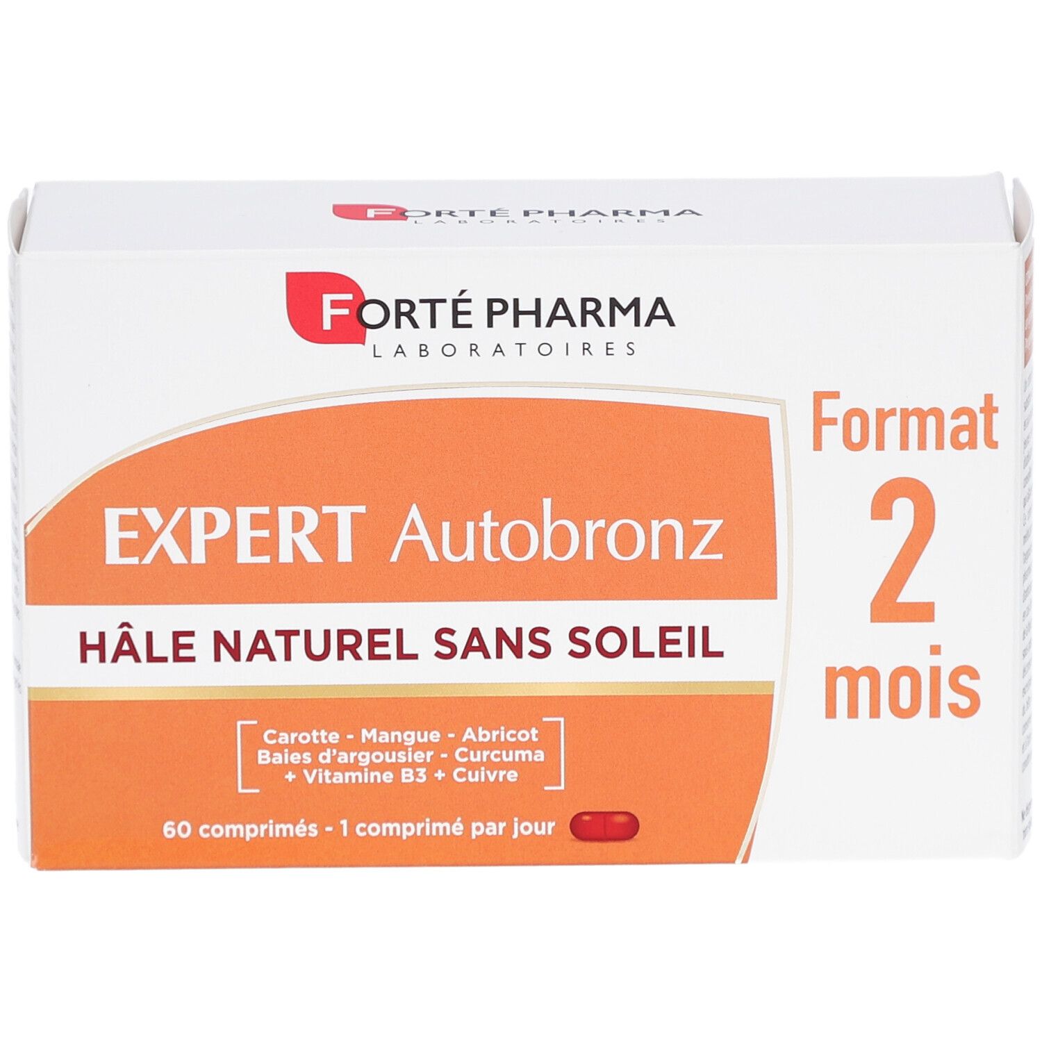 Weiße Schachtel mit orangefarbener Fläche. Aufschrift: EXPERT Autobronz, HÂLE NATUREL SANS SOLEIL. 60 Tabletten. Marke: Forté Pharma.