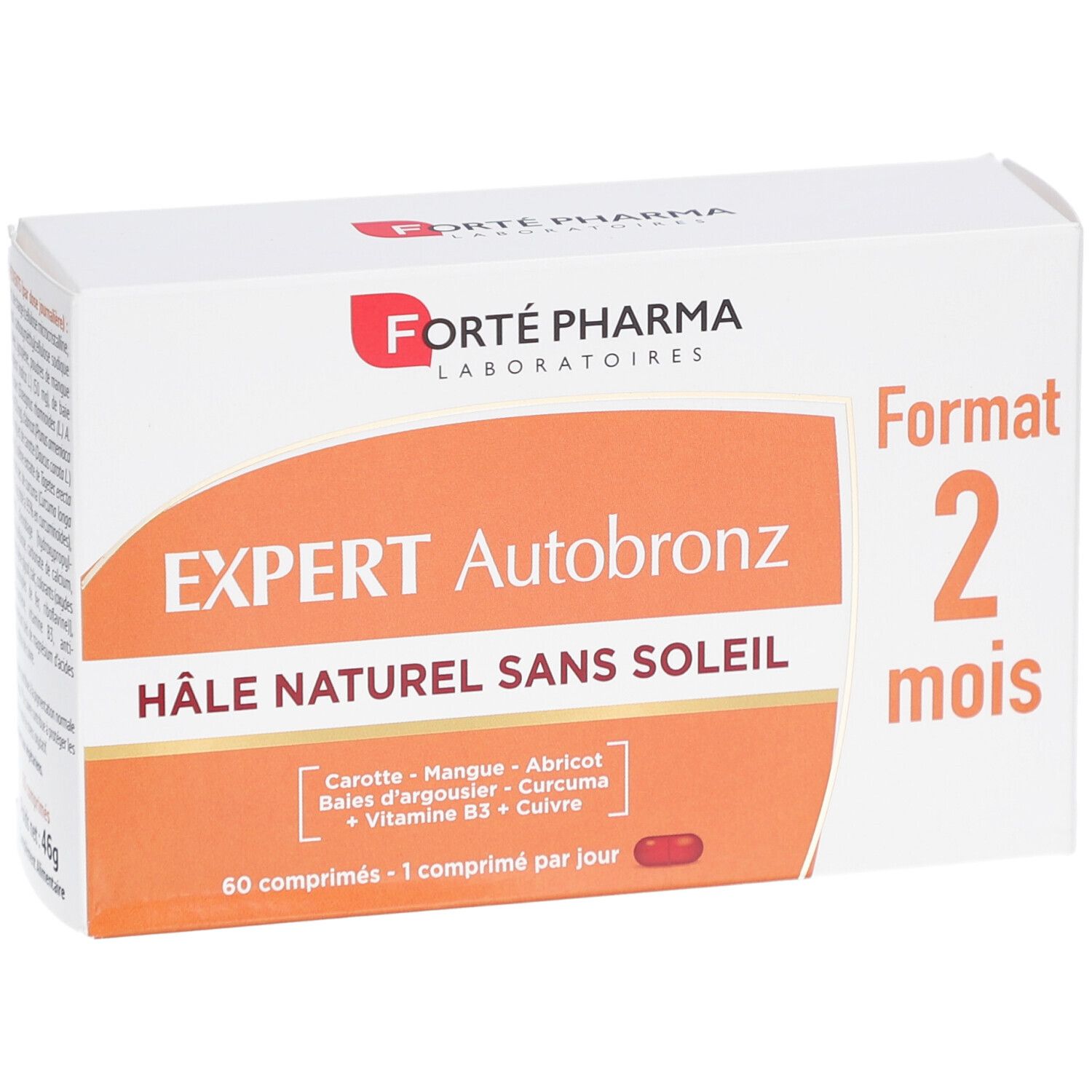 Weiße Schachtel mit orangefarbener Fläche. Aufschrift: EXPERT Autobronz, HÂLE NATUREL SANS SOLEIL. 60 Tabletten. Marke: Forté Pharma.