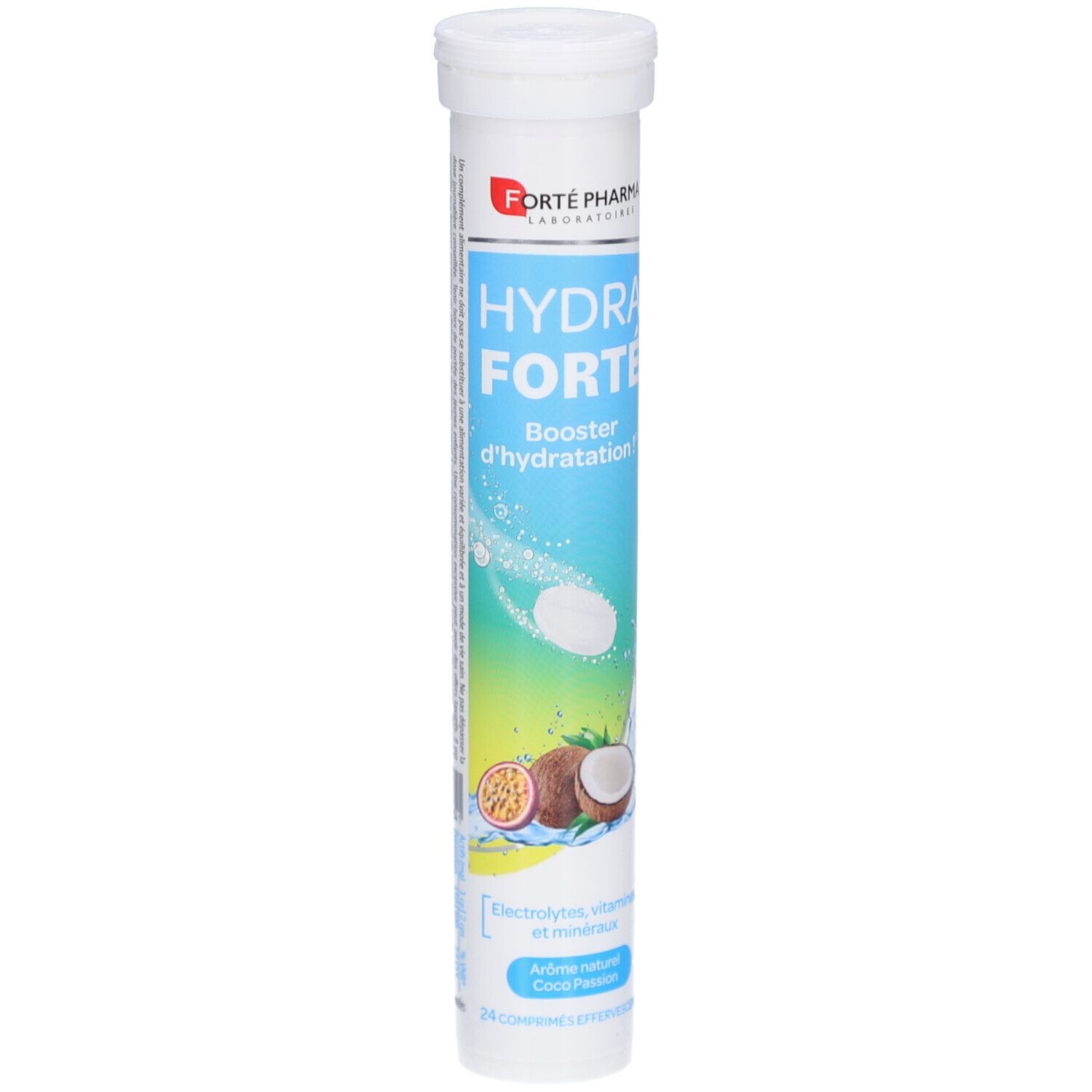 Zylinderförmige Verpackung mit HYDRA FORTE. Enthält Brausetabletten. Kokosnuss und Maracuja-Illustrationen. Enthält Elektrolyte, Vitamine und Mineralien.
