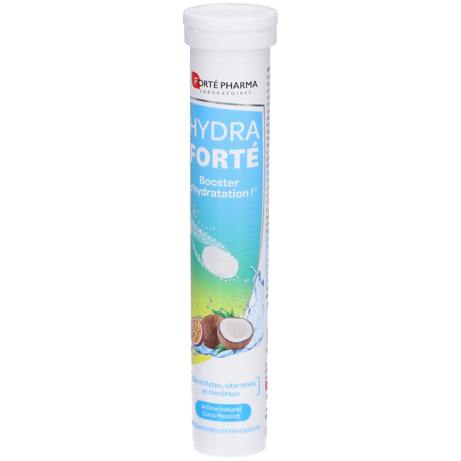 Zylinderförmige Verpackung mit HYDRA FORTE. Enthält Brausetabletten. Kokosnuss und Maracuja-Illustrationen. Enthält Elektrolyte, Vitamine und Mineralien.