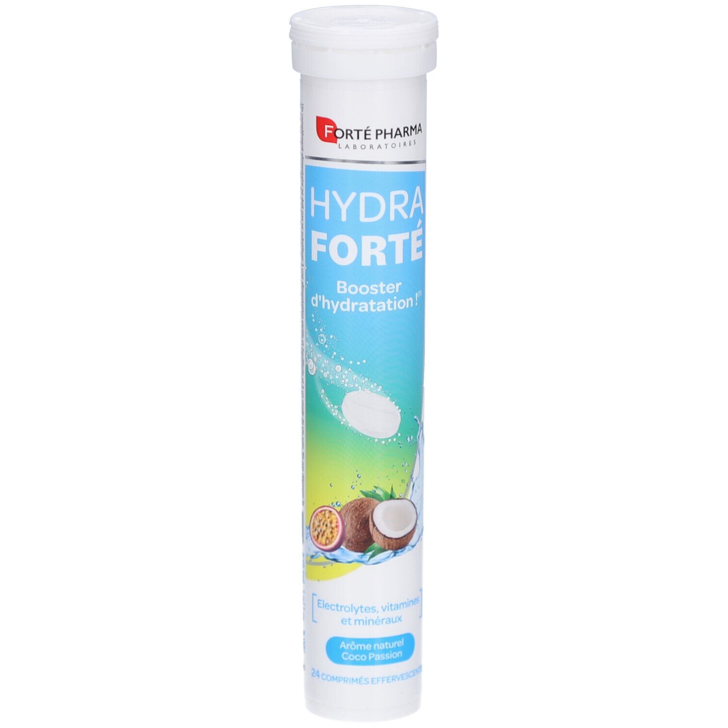 Zylinderförmige Verpackung mit HYDRA FORTE. Enthält Brausetabletten. Kokosnuss und Maracuja-Illustrationen. Enthält Elektrolyte, Vitamine und Mineralien.