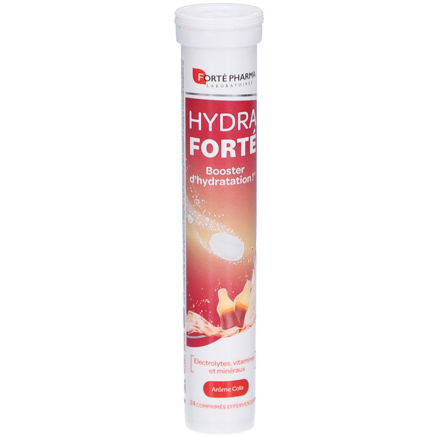 Zylindrische weiße Verpackung mit rotem Etikett. Aufschrift: HYDRA FORTE, Booster d'hydratation, Aromé Cola. Enthält 24 Brausetabletten.