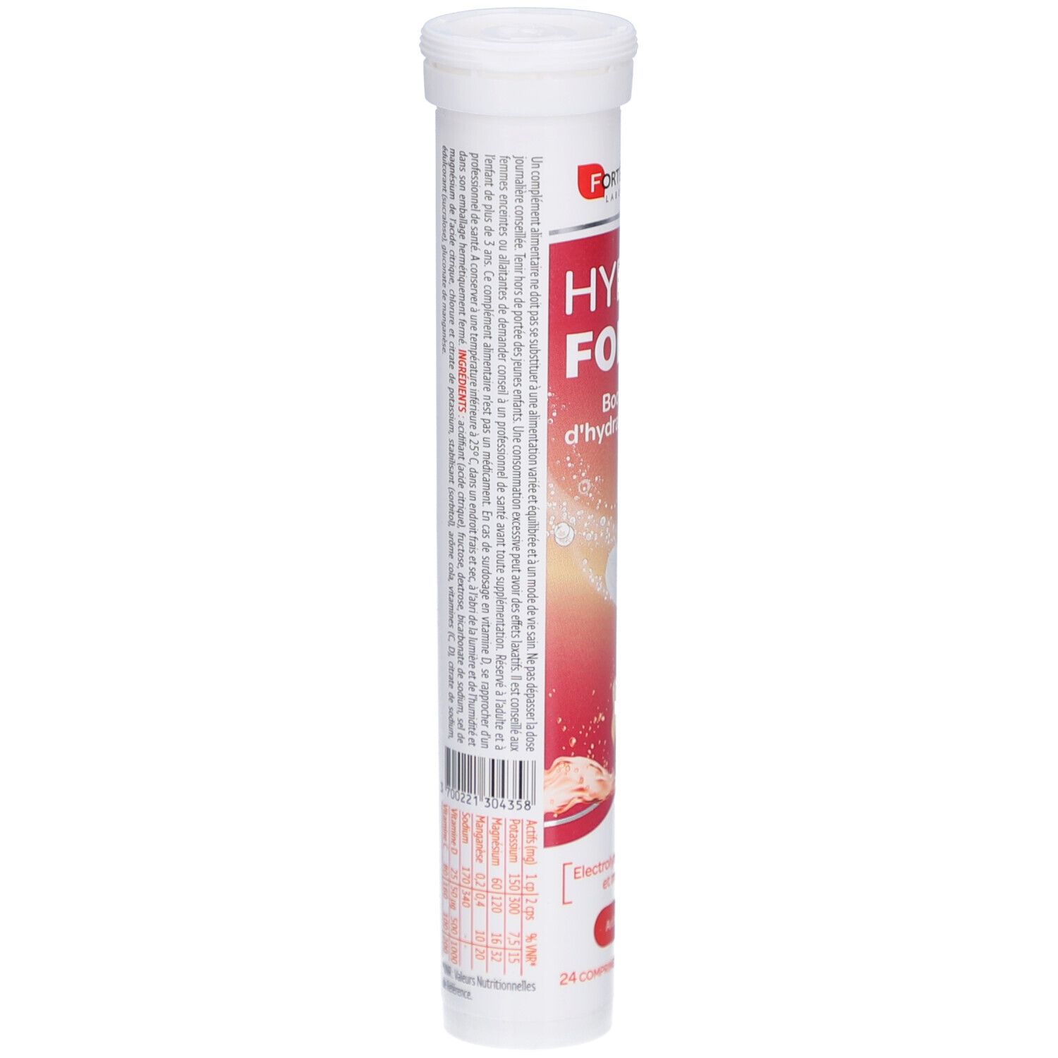 Weiße zylindrische Verpackung. Text auf Französisch. Enthält Informationen über das Produkt und seine Inhaltsstoffe. Mit Barcode.
