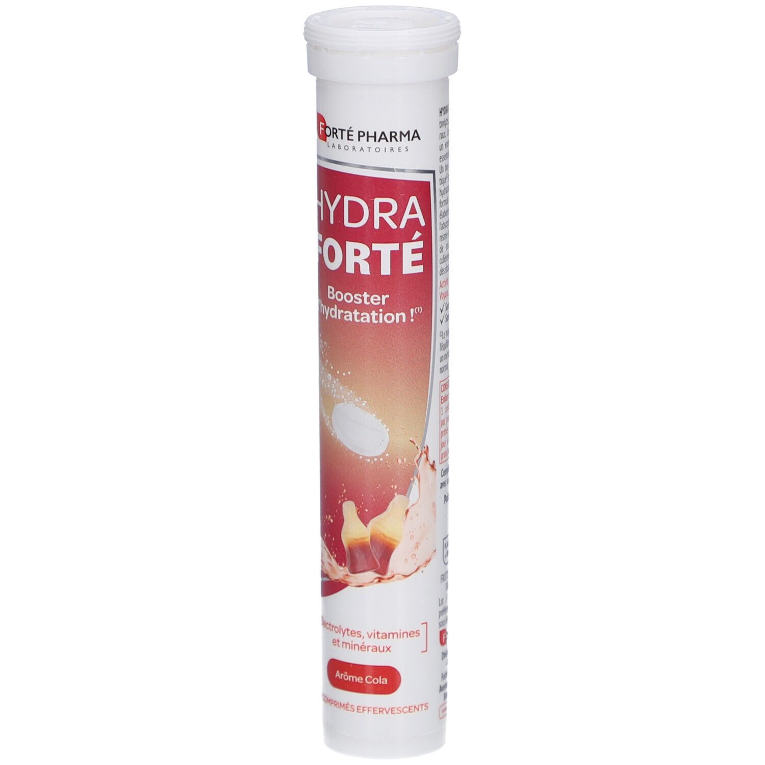 Zylindrische weiße Verpackung mit rotem Etikett. Aufschrift: HYDRA FORTE, Booster d'hydratation, Aromé Cola. Enthält 24 Brausetabletten.
